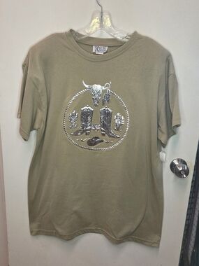 Kavio Olive Green Short Sleeve Tee with Metallic Cowboy Boot Graphic